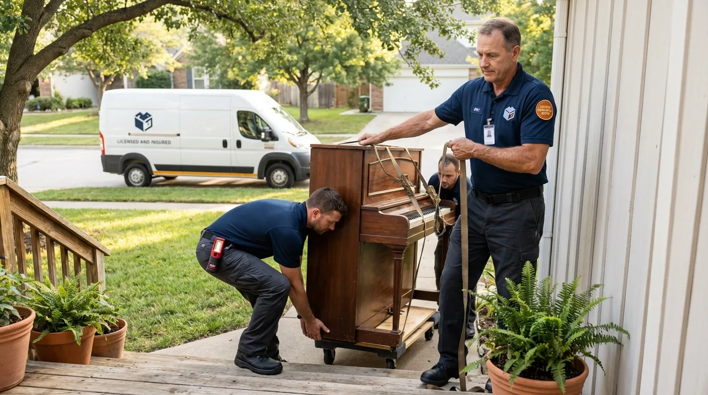 Licensed piano movers securing grand piano in Yucaipa, CA