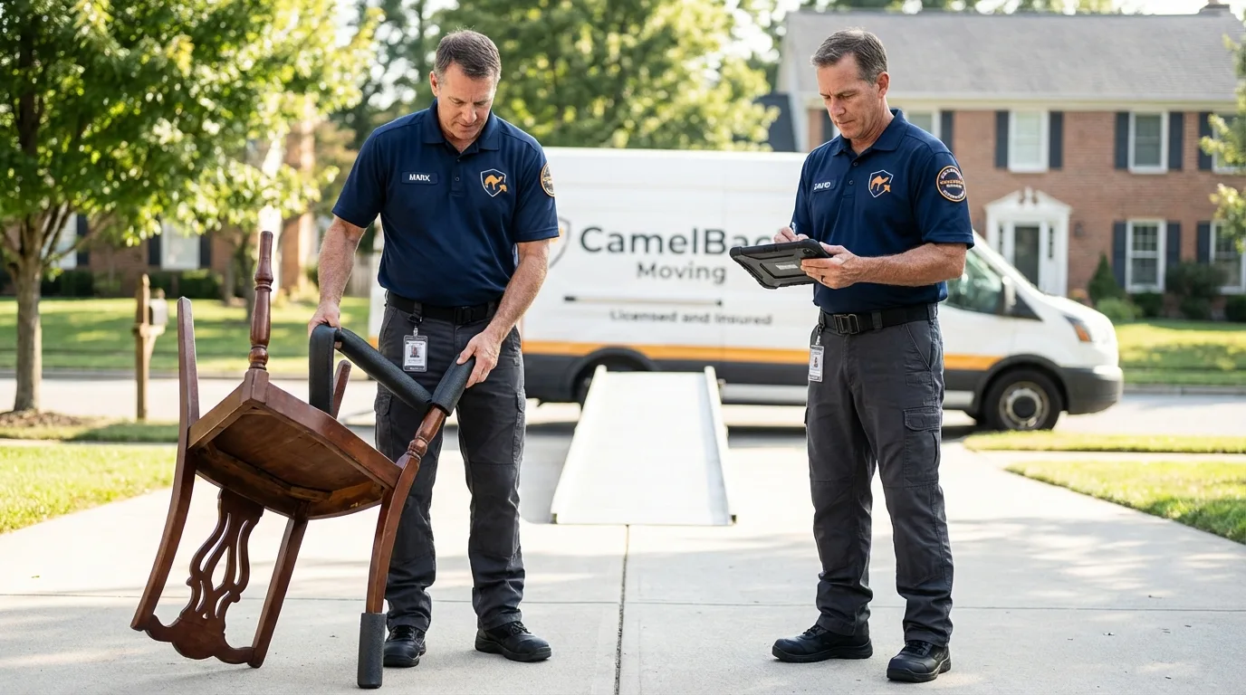 Movers inspecting furniture for damage prevention before loading in Yucaipa, CA