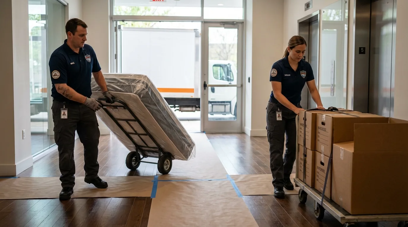 Professional apartment movers loading elevator in Yucaipa, CA