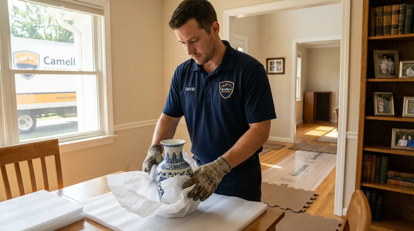 Professional crew carefully wrapping antique vase for senior downsizing move in Yucaipa, CA